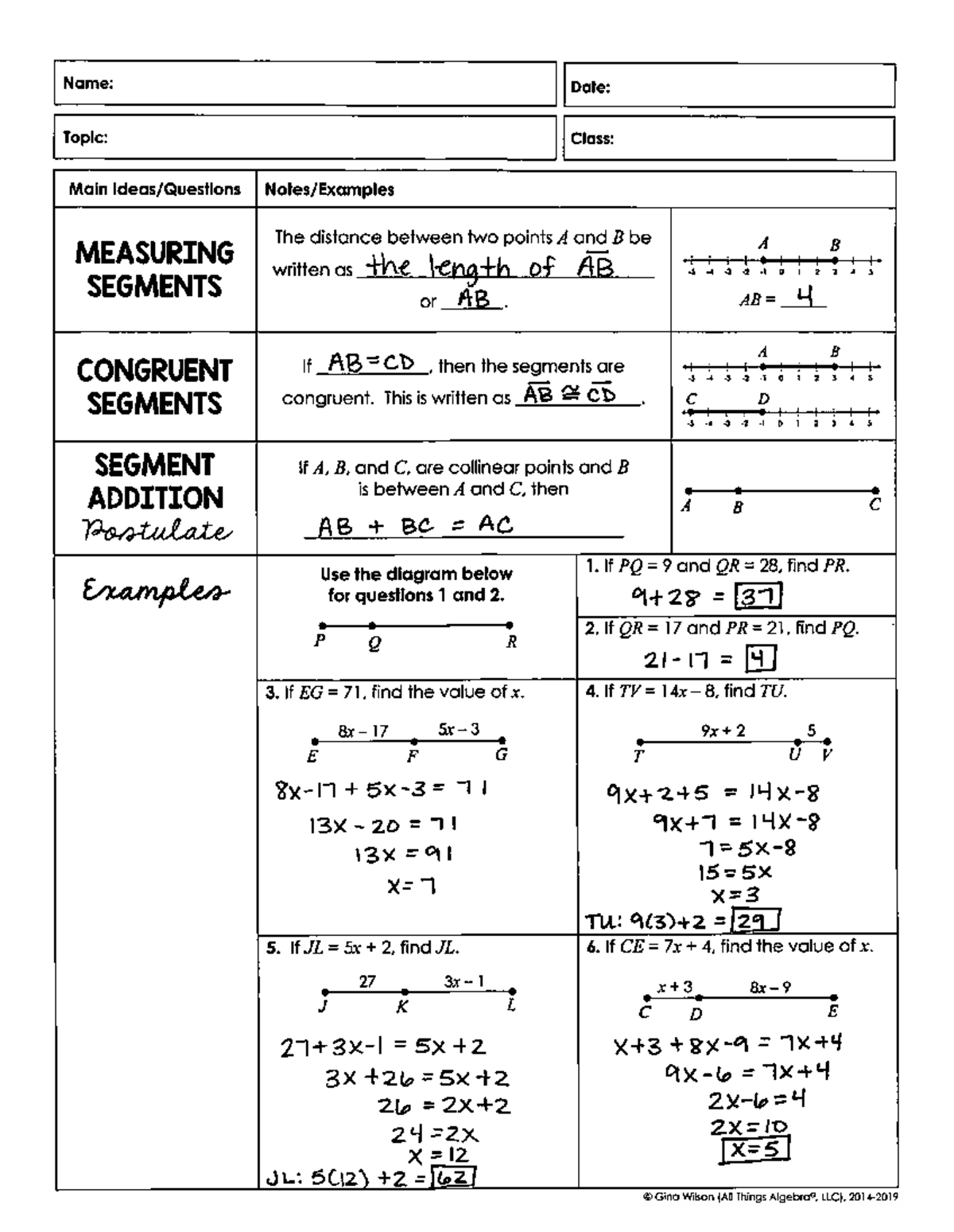 1.2 Segment Addition Postulate - Name: Date: Topic: Class: Main The ...