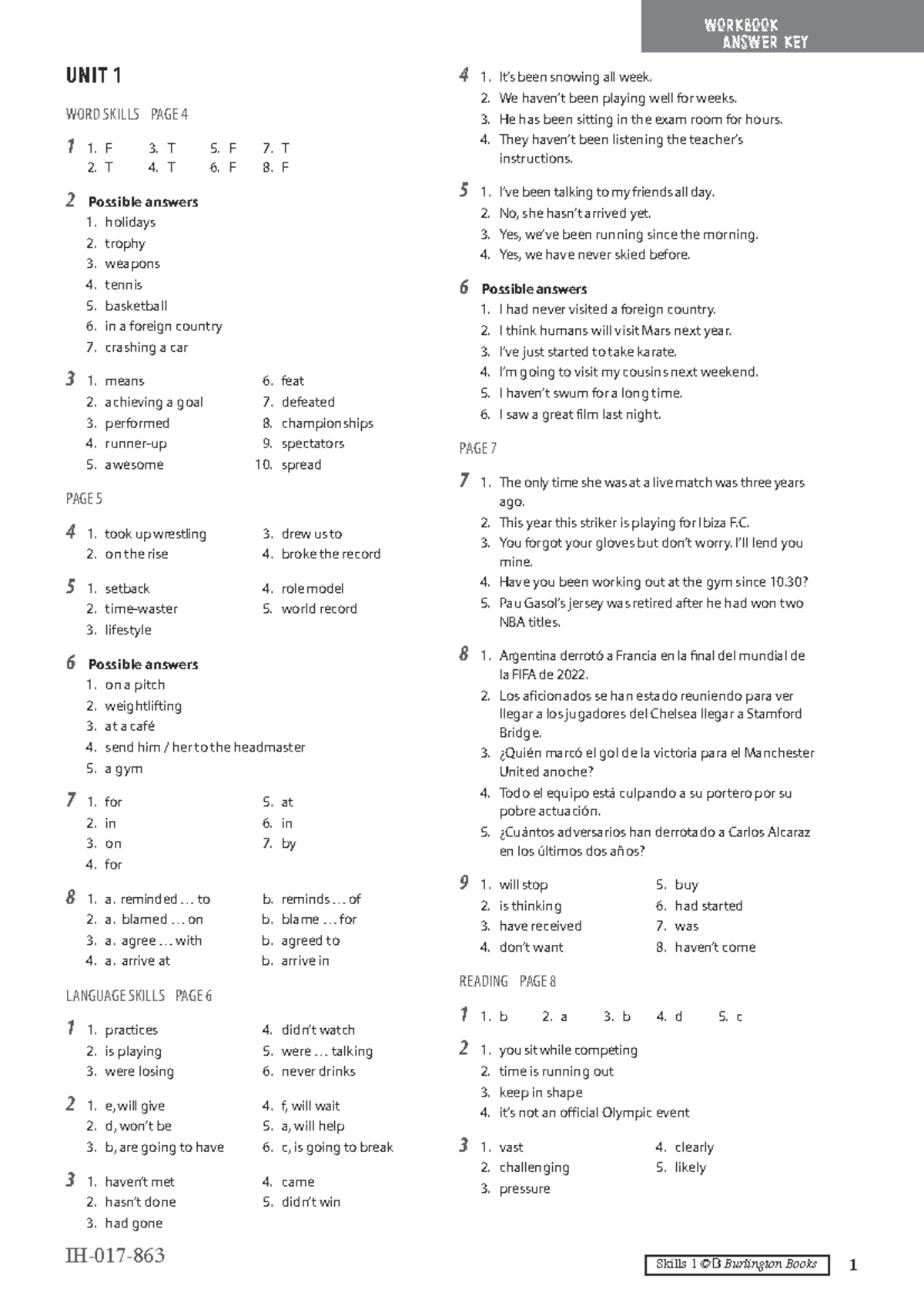 WORKBOOK ANSWER KEY UNIT 1-8 SKILLS 1 ANK WBSpa - Studocu