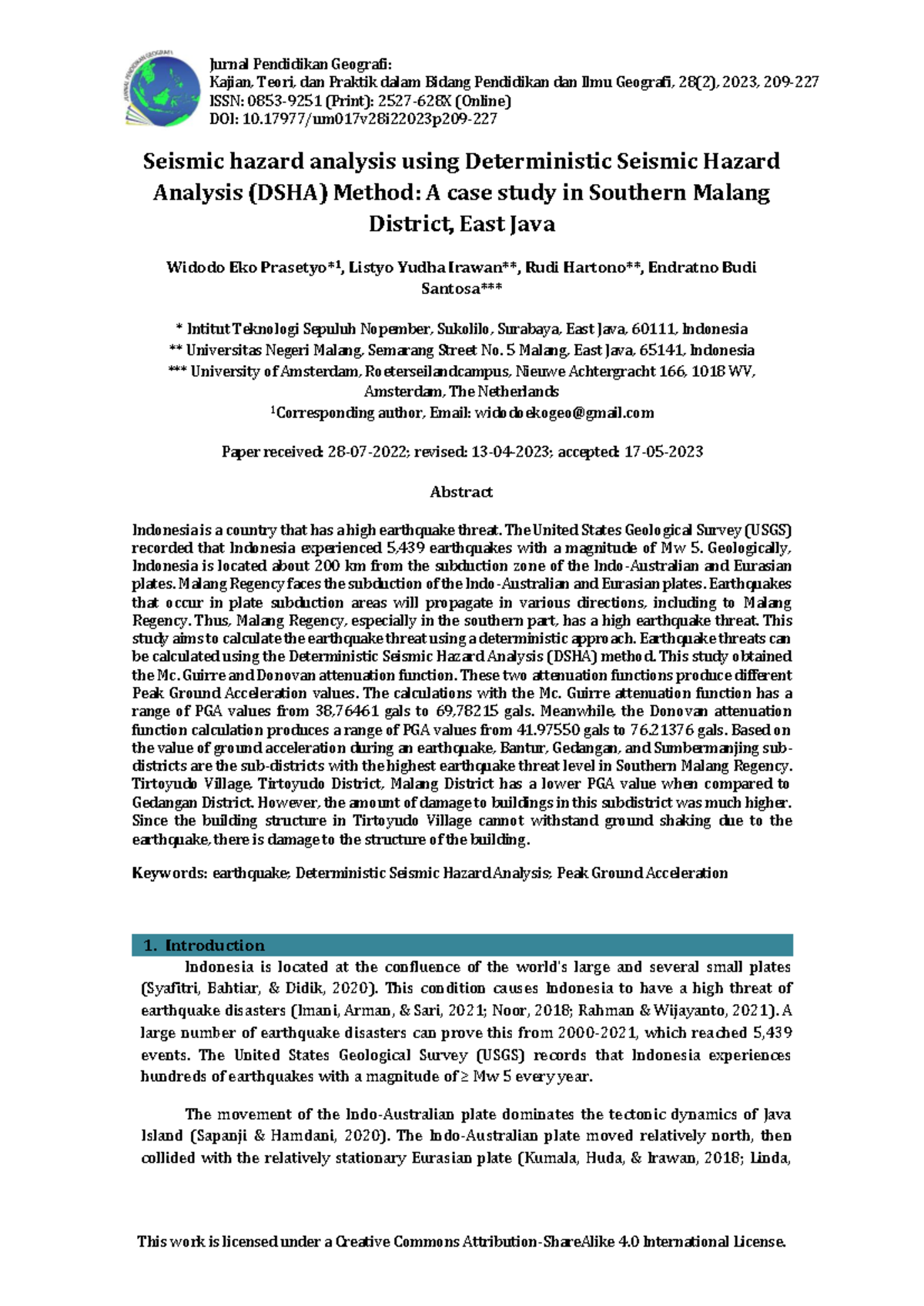 Seismic Hazard Analysis in Southern Malang District: A DSHA Approach ...
