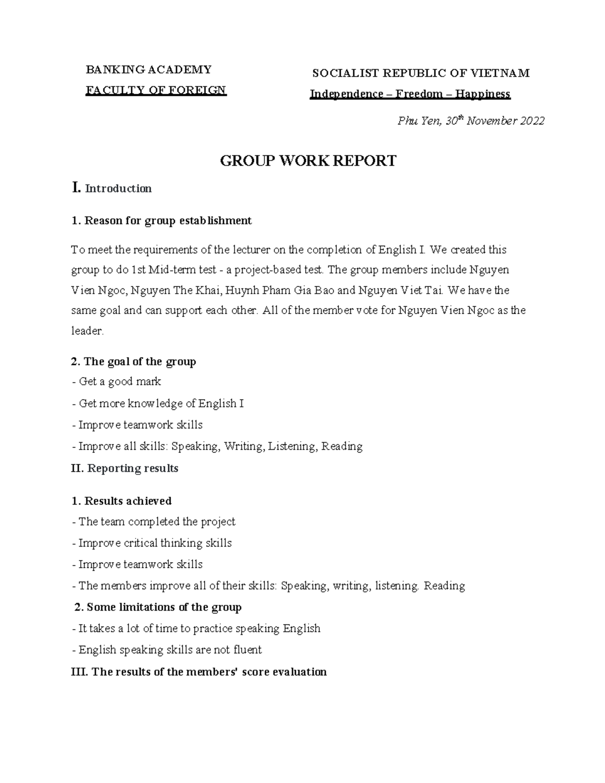Group Work Report for English I - Banking Academy - Studocu