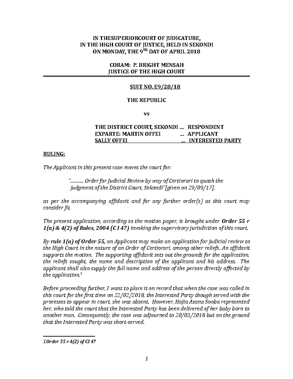 Ruling on Judicial Review: The Republic v. Sekondi District Court ...