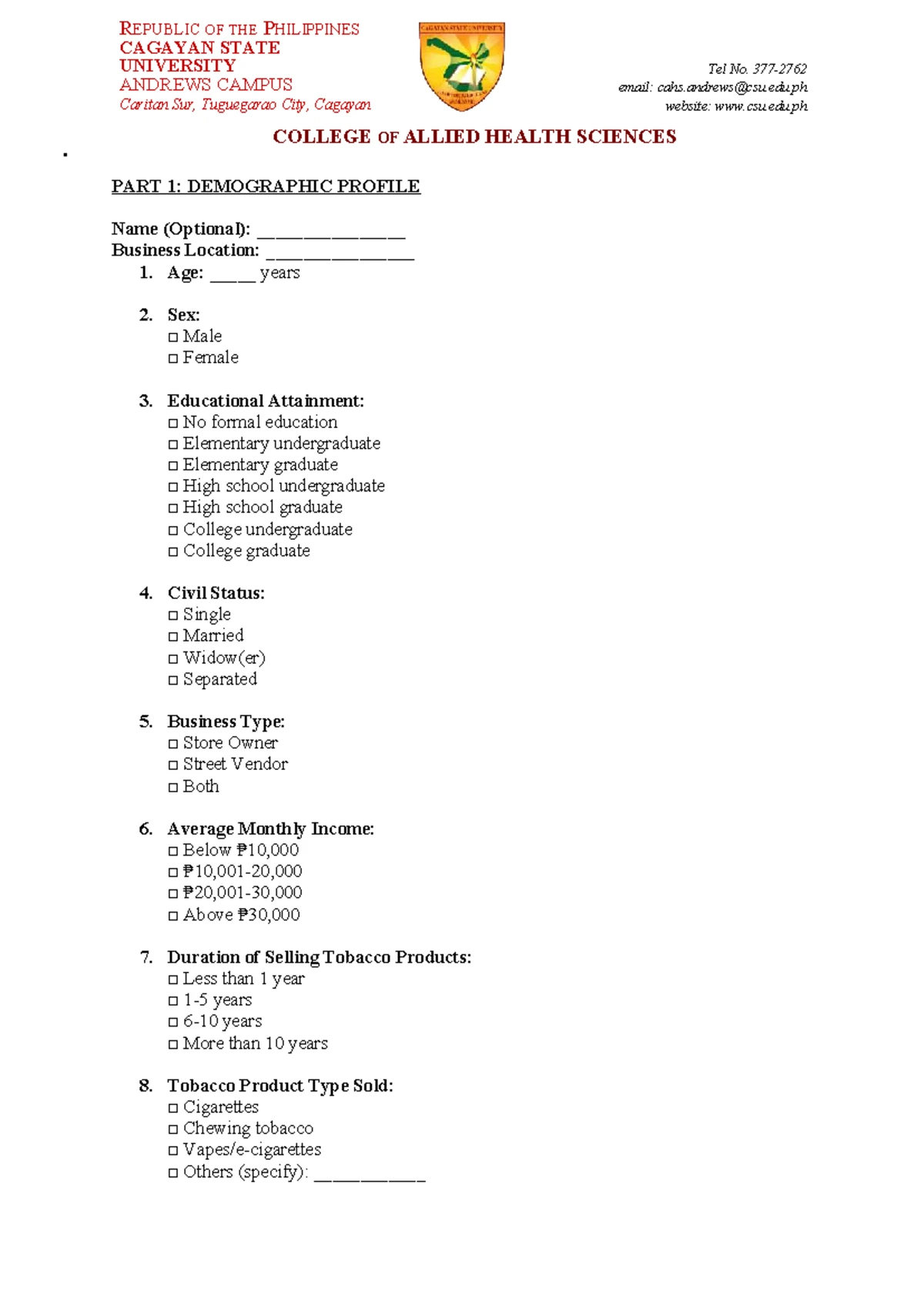 Questionnaire on Tobacco Regulation Awareness - CAHS 2023 - Studocu