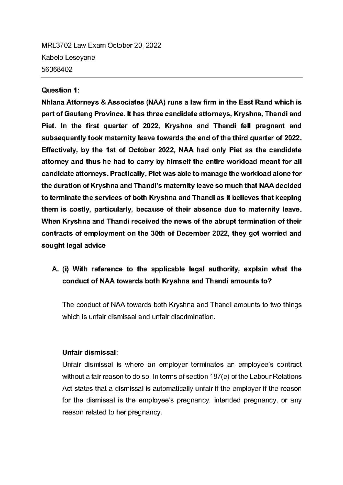 MRL3702 Law Exam Prep - Unfair Dismissal & Discrimination Case Study ...
