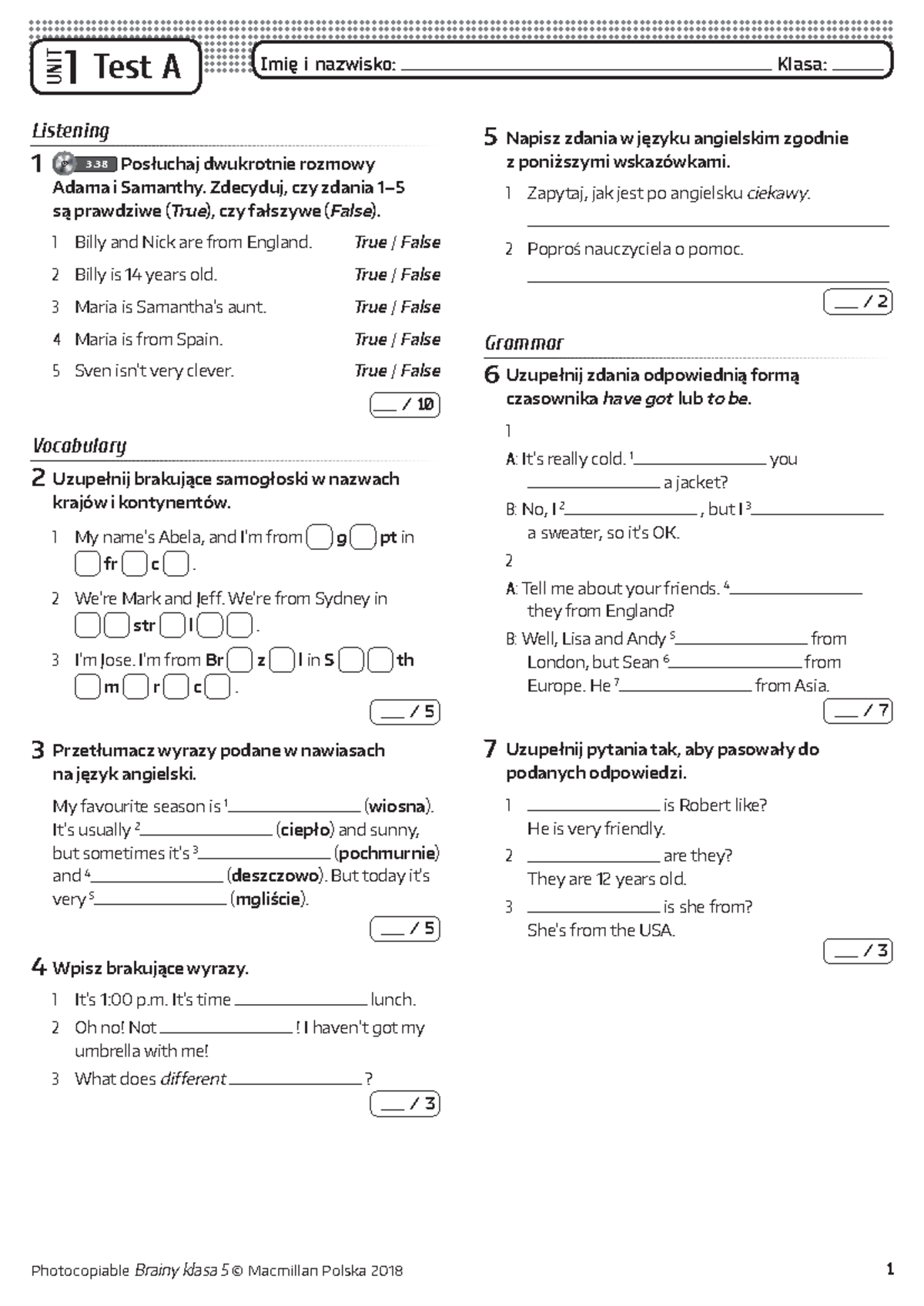Brainy kl5 Unit Test 1 A - klasa 5 - UNIT 1 Test A Imię i nazwisko