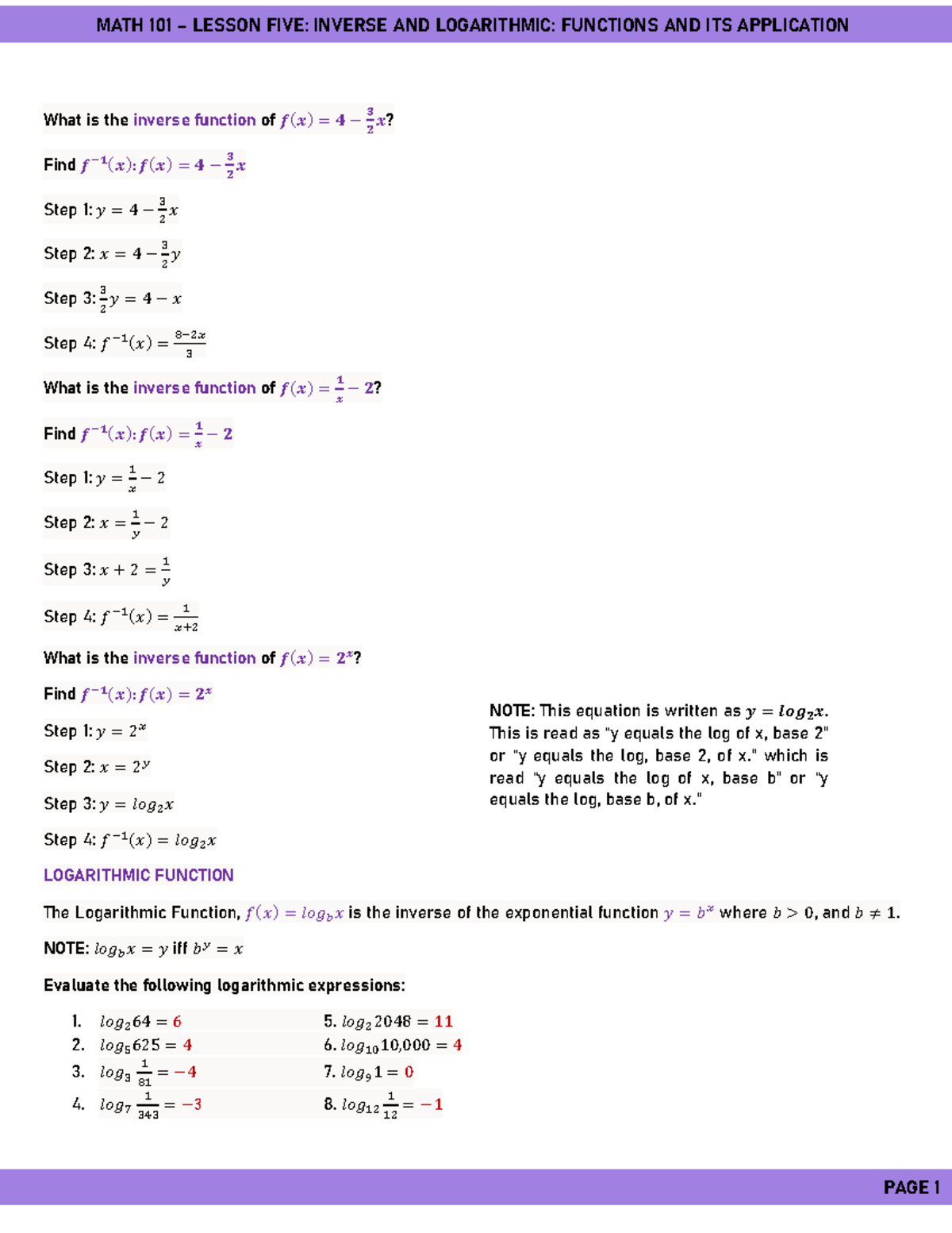 MATH 101 – Lesson 5: Invers and Logarithmic Functions and its ...