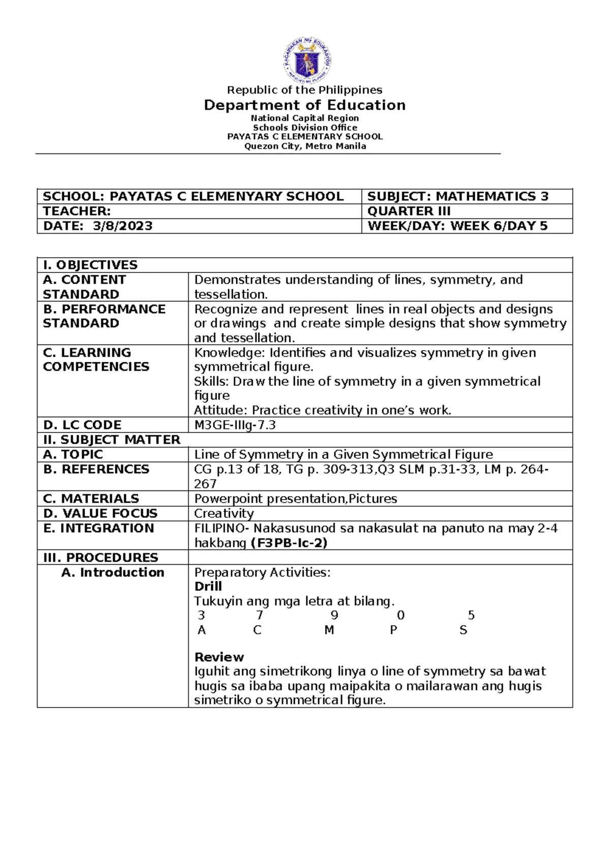 Mathematics 3 Lesson Plan: Week 6 Day 2 - Congruent Line Segments - Studocu