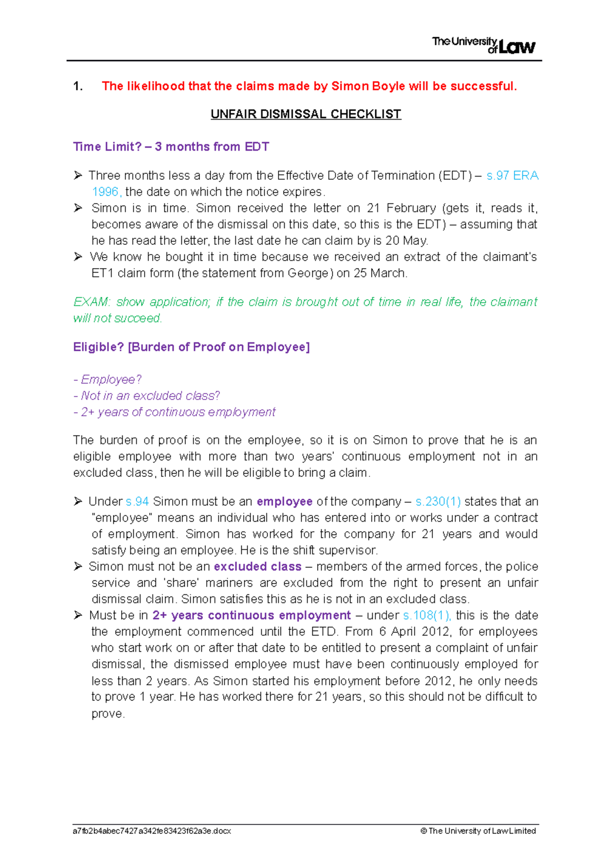 WS3 - Workshop 3 - Understanding Unfair Dismissal Claims - Studocu