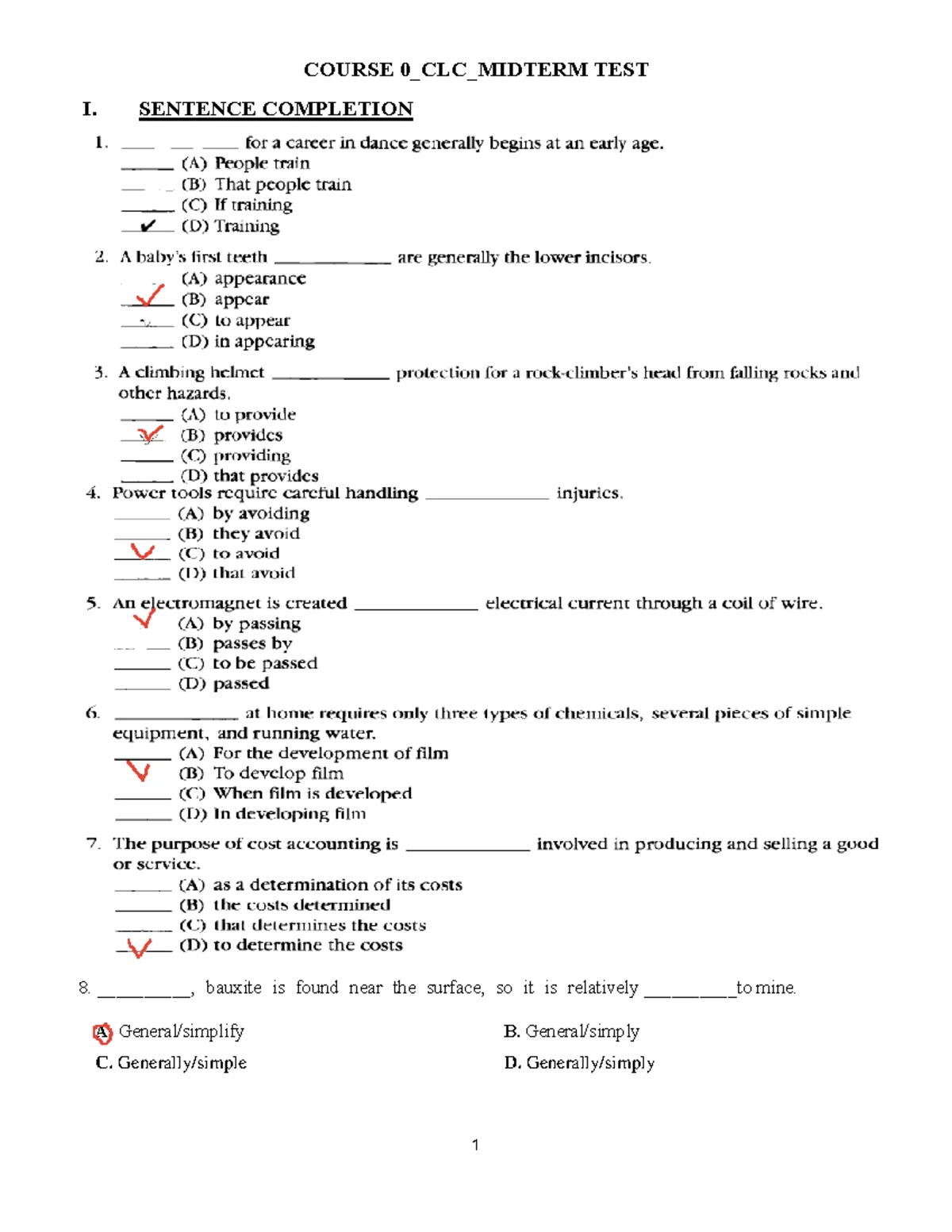 Midterm Test I: Sentence Completion & Error Identification - Course 0 ...
