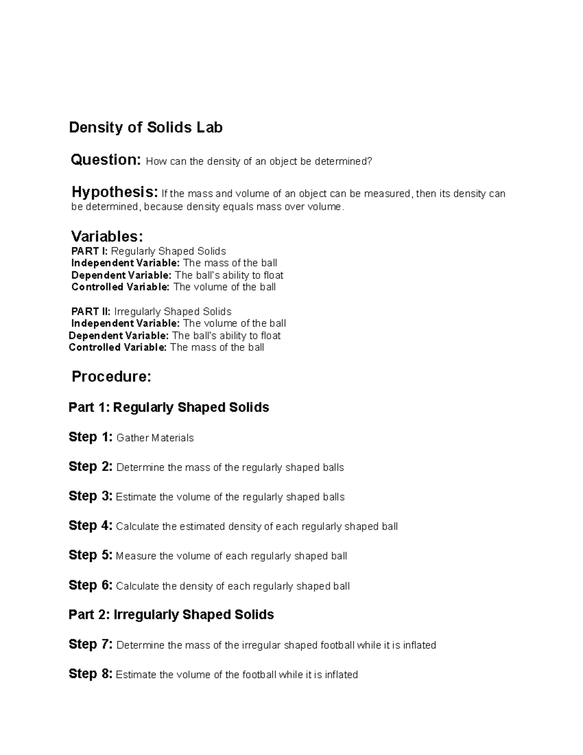 Density of Solids Lab Report - Jaisy Chessman (2022) - Studocu