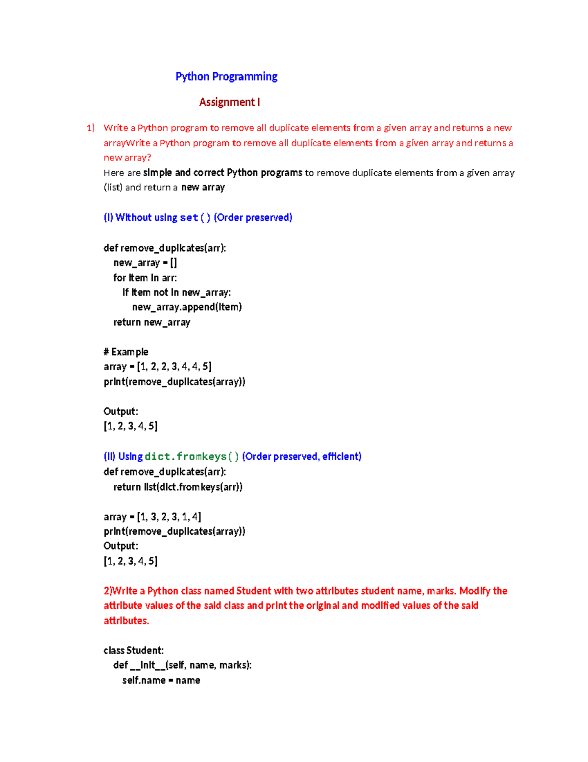 Python Programming - Assignment I: Remove Duplicates & Class Examples ...