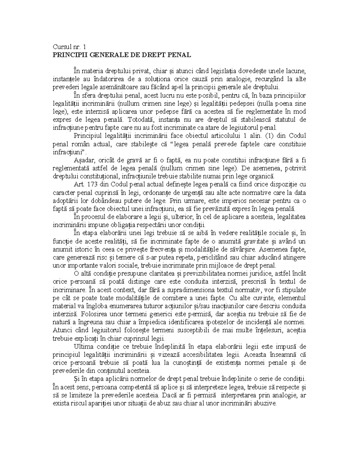 Cursul nr. 1 - Principiile Legalității în Dreptul Penal - Studocu