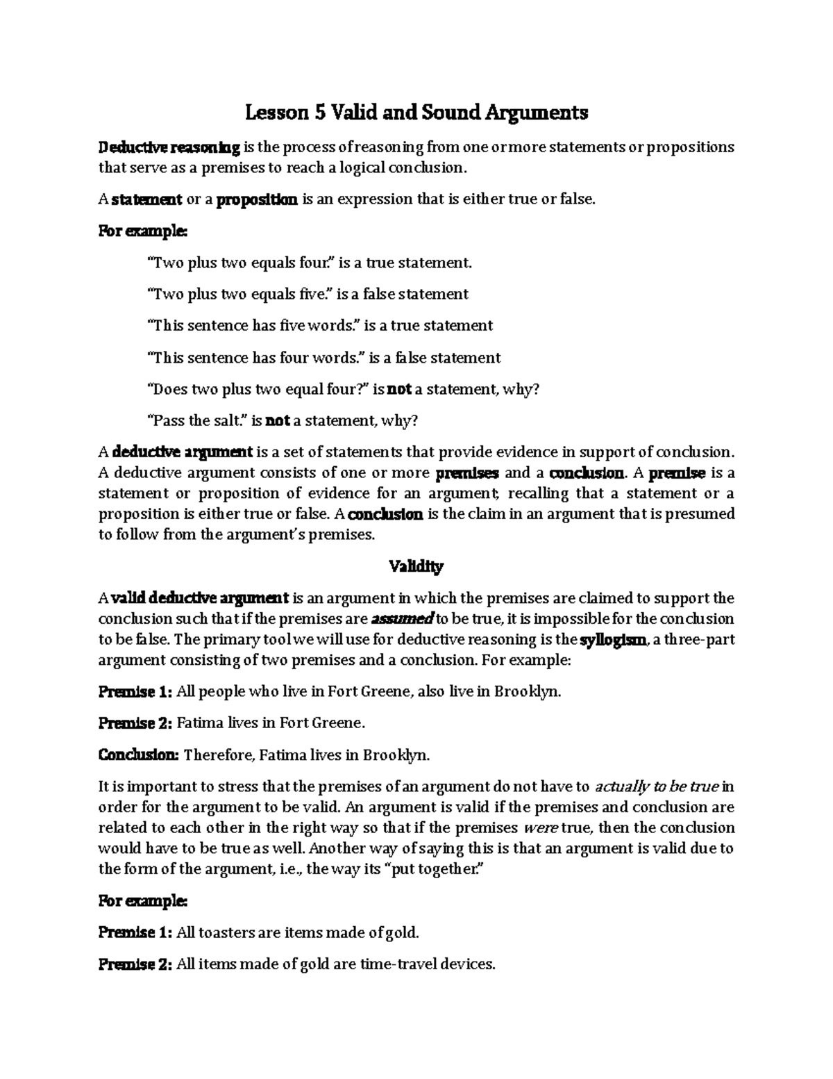 Lesson 5: Valid and Sound Arguments in Deductive Reasoning - Studocu