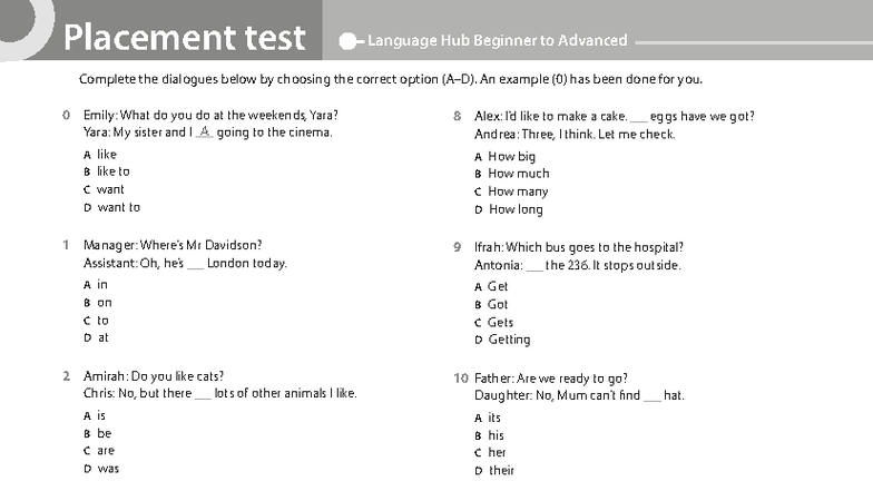 Placement Test: Language Hub Beginner to Advanced Dialogues - Studocu