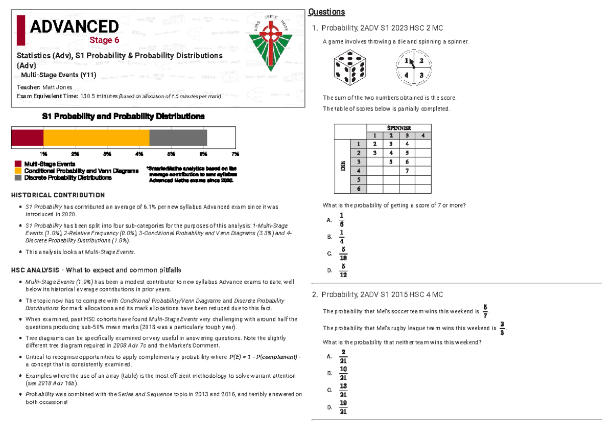 Past HSC Review: Probability & Tree Diagrams (2ADV S1) - Studocu