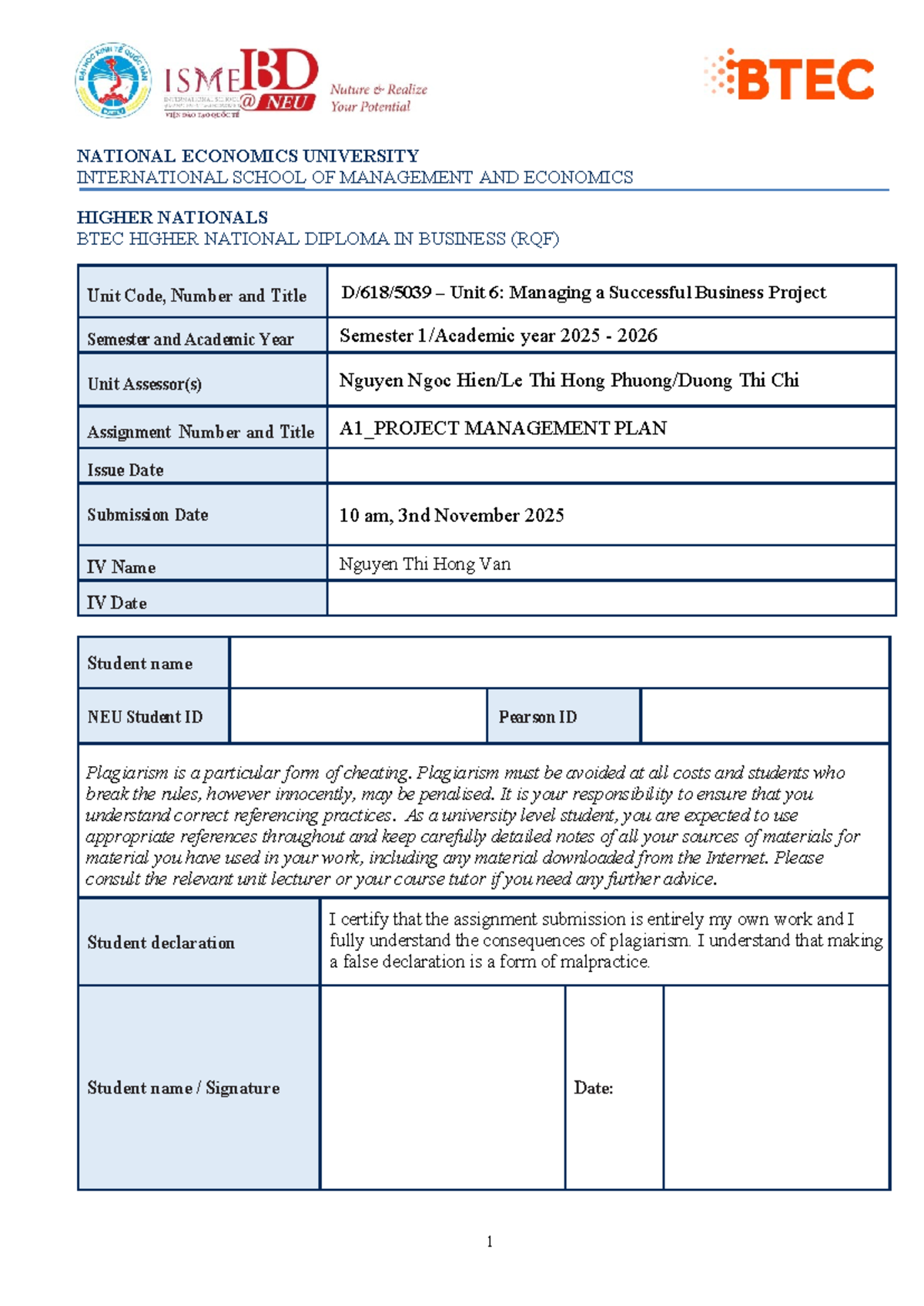 MSBP Unit 6: Project Management Plan Assignment Brief Sem 1 2025-2026 ...