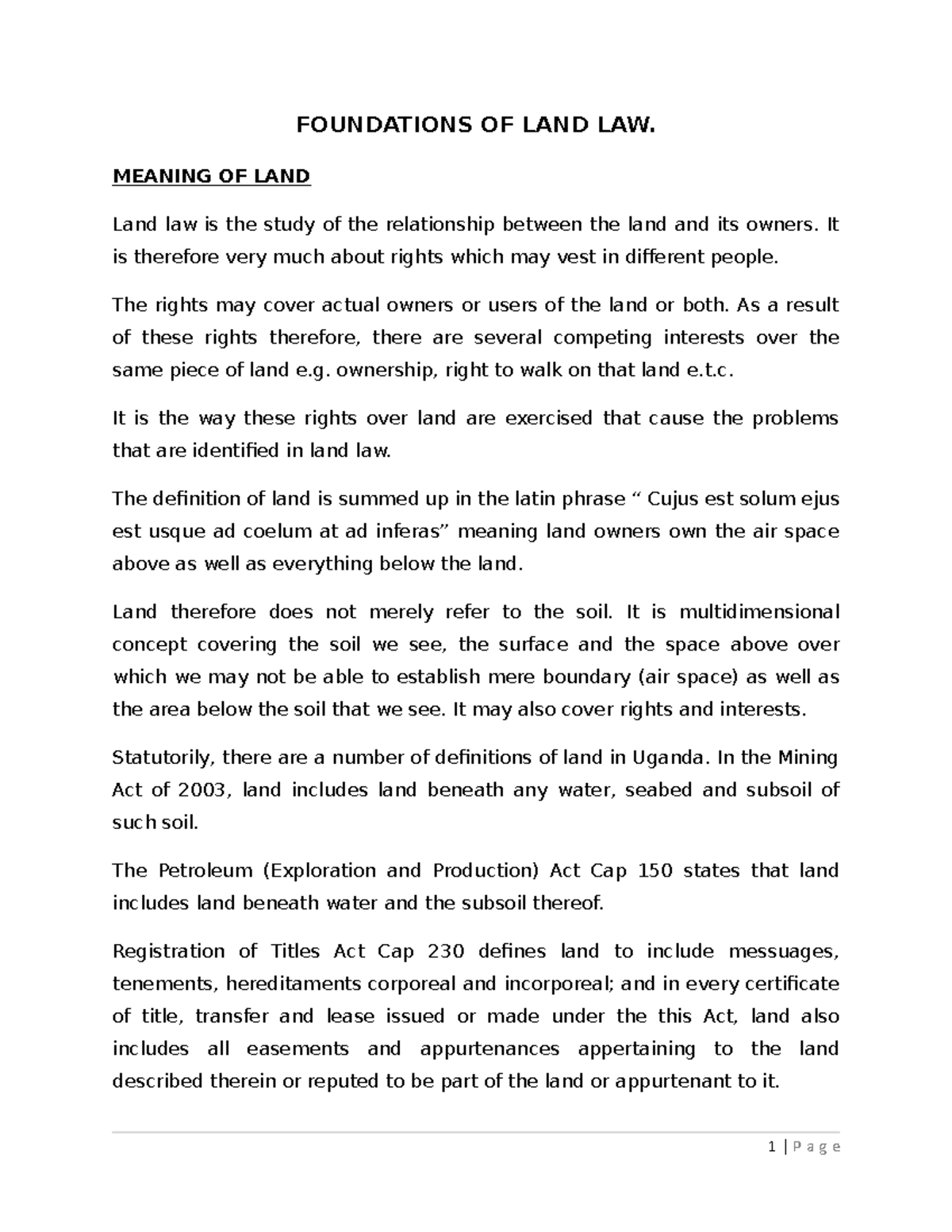 Land Law I Class Notes: Key Concepts and Principles Overview - Studocu