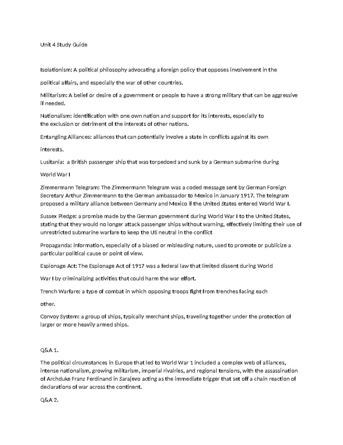 Unit 4 Study Guide: Isolationism & Causes of World War I - Studocu