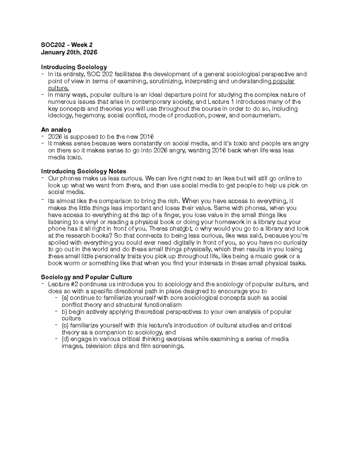 SOC202 Week 2 - Intro to Sociology & Popular Culture Notes - Studocu