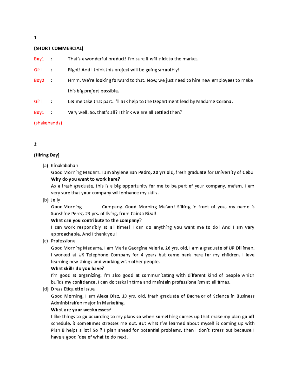 Roleplaying Script for Hiring Day in BUS 101: A Comedy Sketch - Studocu