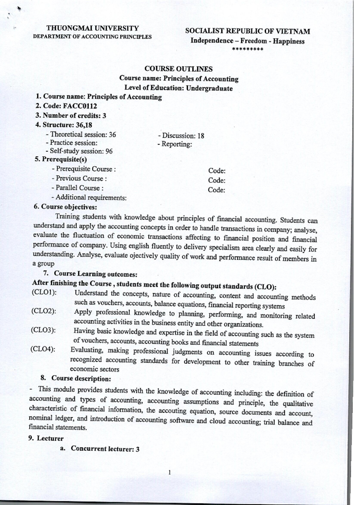 Principles of Accounting Course Outline FACC0112 K60 - Studocu