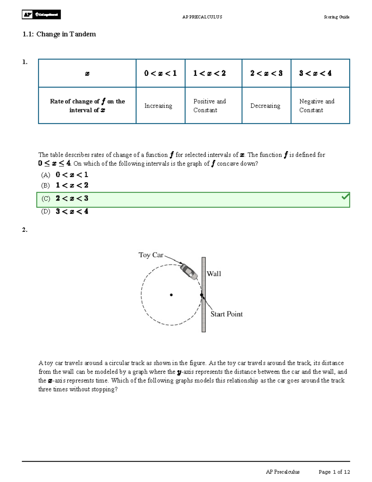 1.1 Change in Tandem答案 - ap precalculus - 1. Rate of change of on the ...