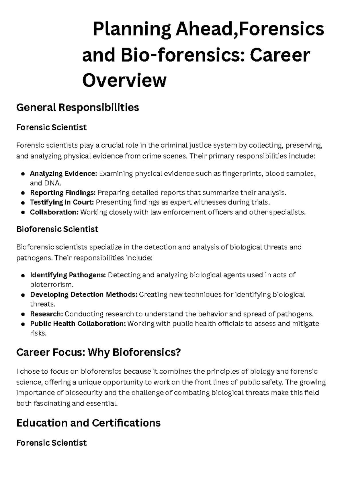 Forensic Science and Bio-forensics Career Overview and Planning - Studocu