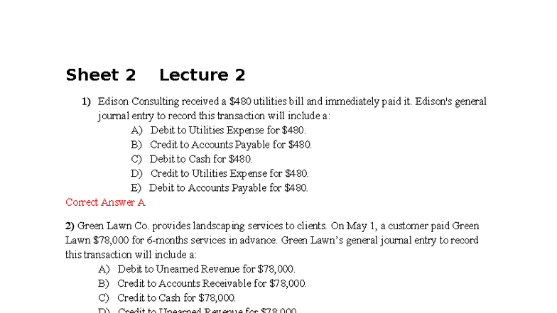 Sheet 2 Lecture 2: General Journal Entries and Transactions Analysis ...