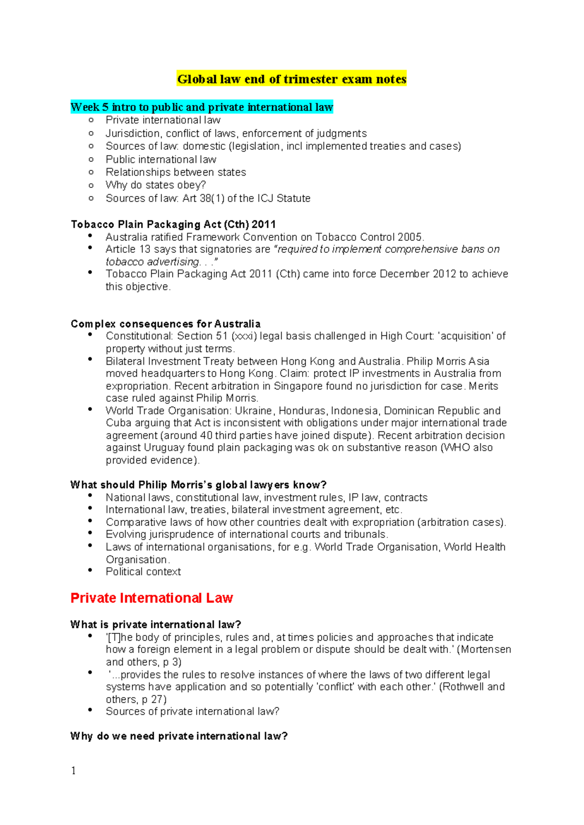 Global law exam open book notes - Global law end of trimester exam ...