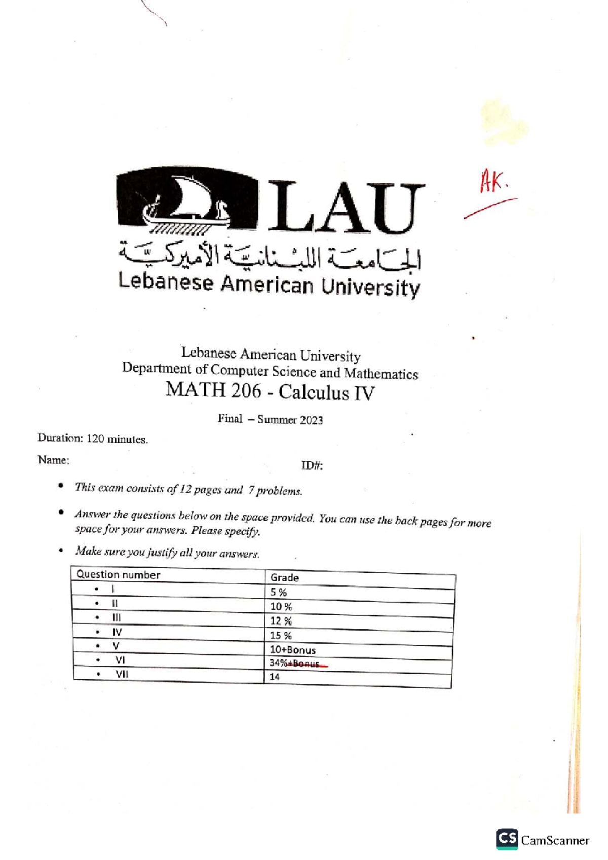 MATH 206 Calculus IV Final Exam Summer 2023 - Exercise Solutions - Studocu