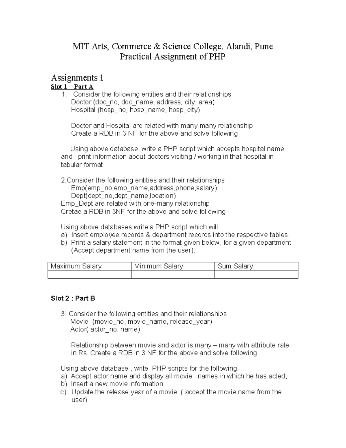 PHP Assignment - Practical Tasks for TYB.Sc. Computer Science - Studocu