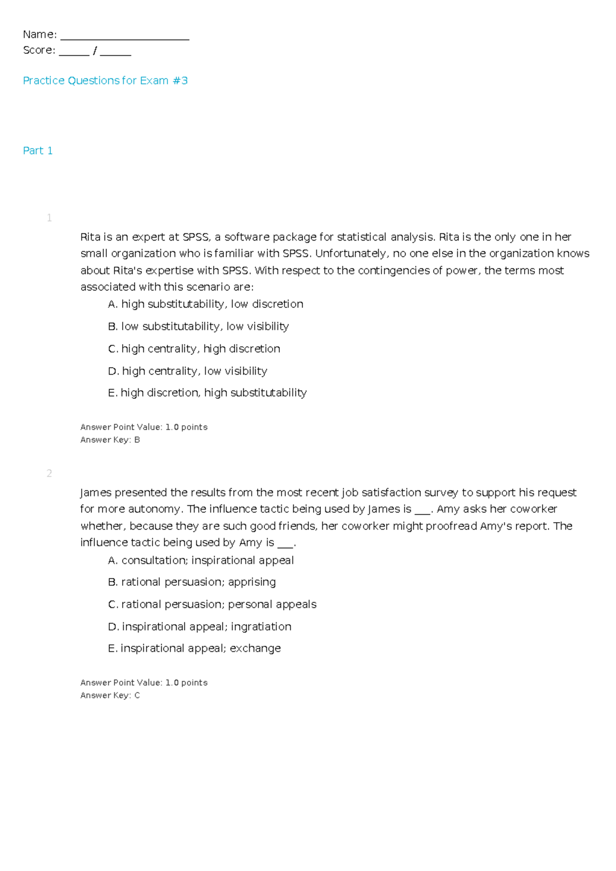 Practice Questions for Exam #3 (With Answers) - Studocu