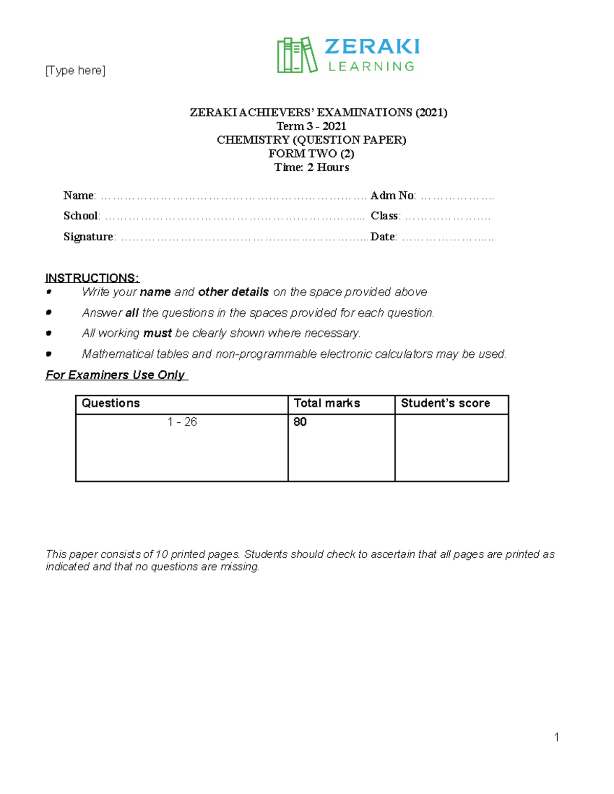Chemistry Form 2 - Zeraki Achievers Term 3 Exam Questions - Studocu