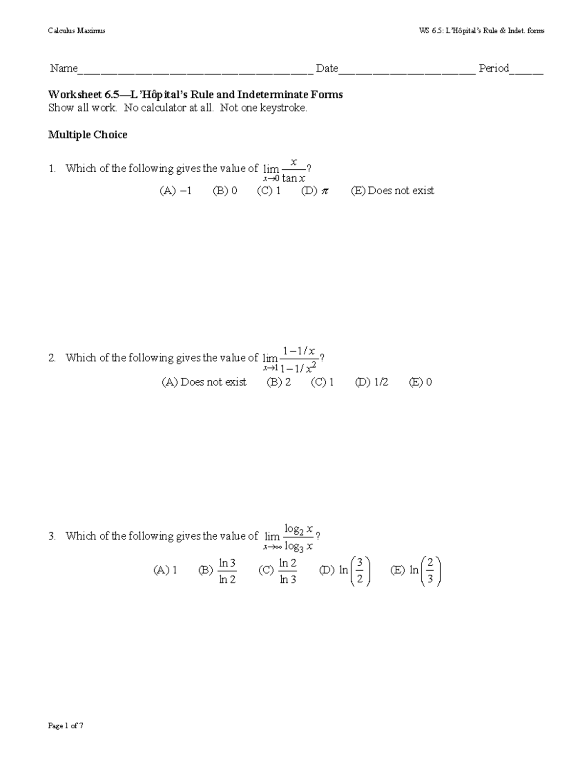 Calculus Maximus WS 6.5: Indeterminate Forms & Limits Worksheet - Studocu