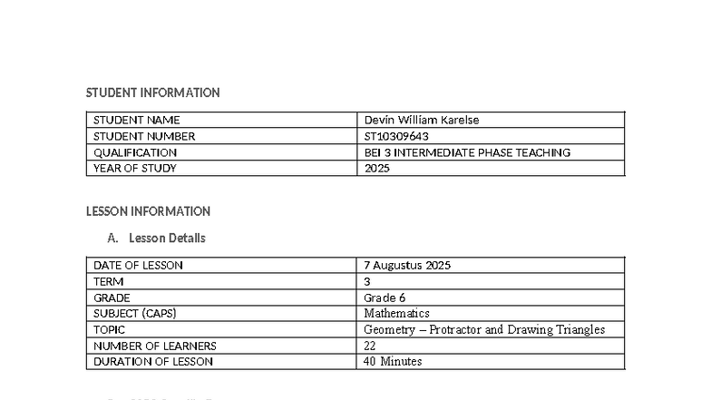 Mathematics Lesson Plan: Geometry & Protractor Use (Grade 6) - Studocu