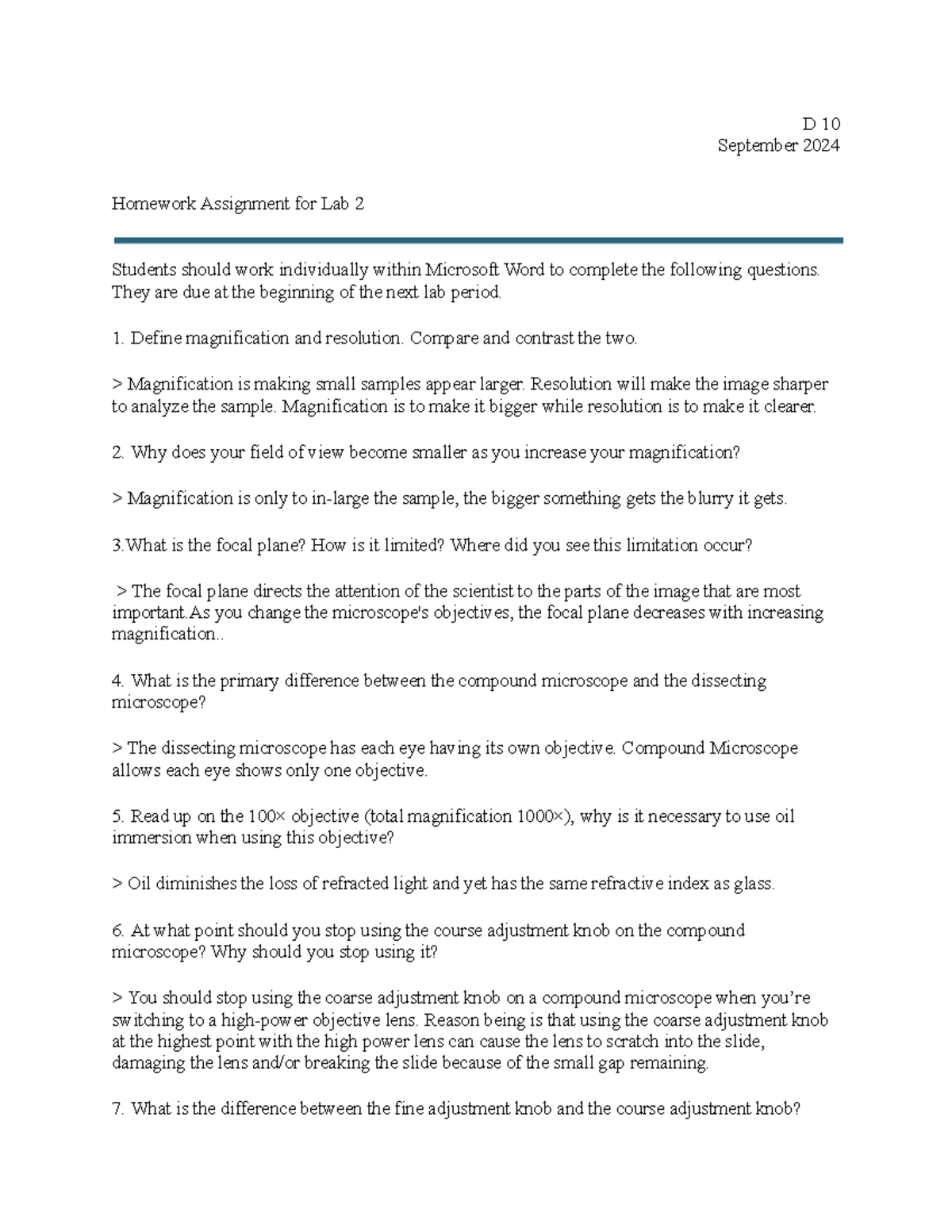 Lab 2 Homework Assignment: Understanding Microscopes & Their Use - Studocu