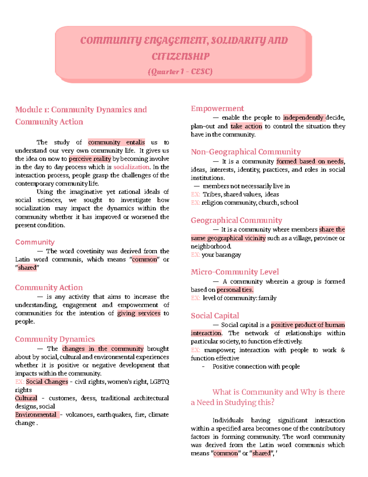CESC Q1 M1: Community Engagement, Dynamics & Empowerment Summary - Studocu