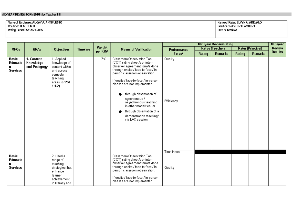 Mid-Year Review Form (MRF) for Teacher A. Antipuesto - SY MFOs - Studocu