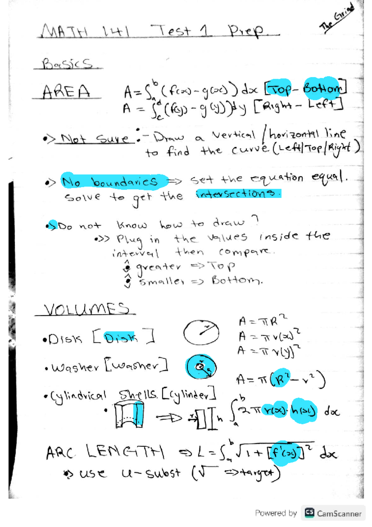 Grind MATH 141 Test 1 Prep: Area, Volumes, and Arc Length - Studocu