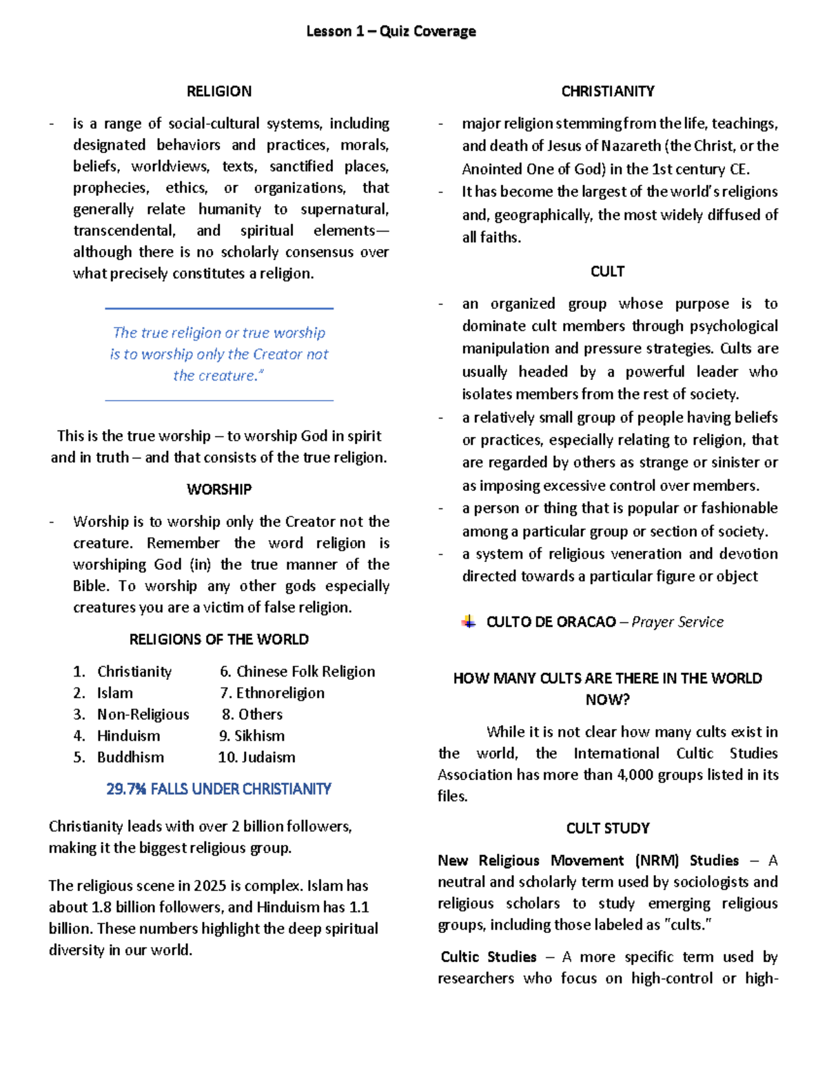REL 101 - Introduction to Religion Concepts Quiz Notes - Studocu