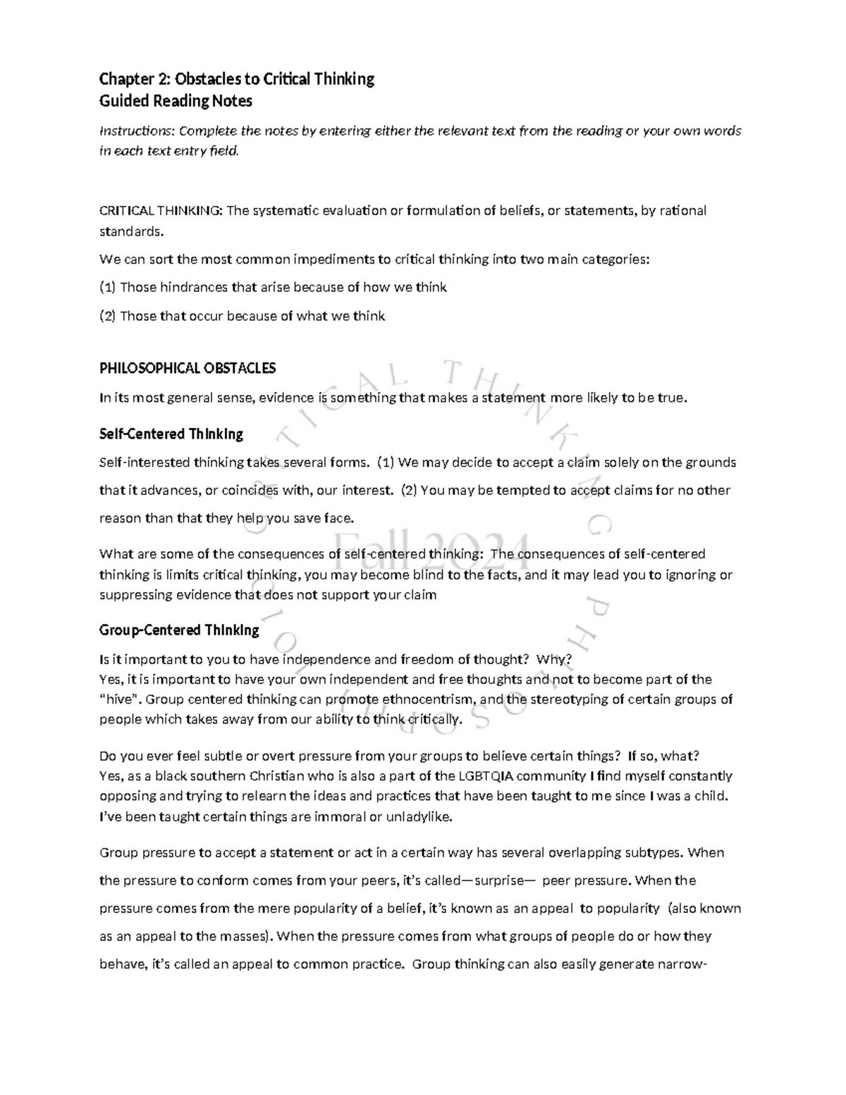 Notes on Chapter 2: Obstacles to Critical Thinking 002810990 - Studocu
