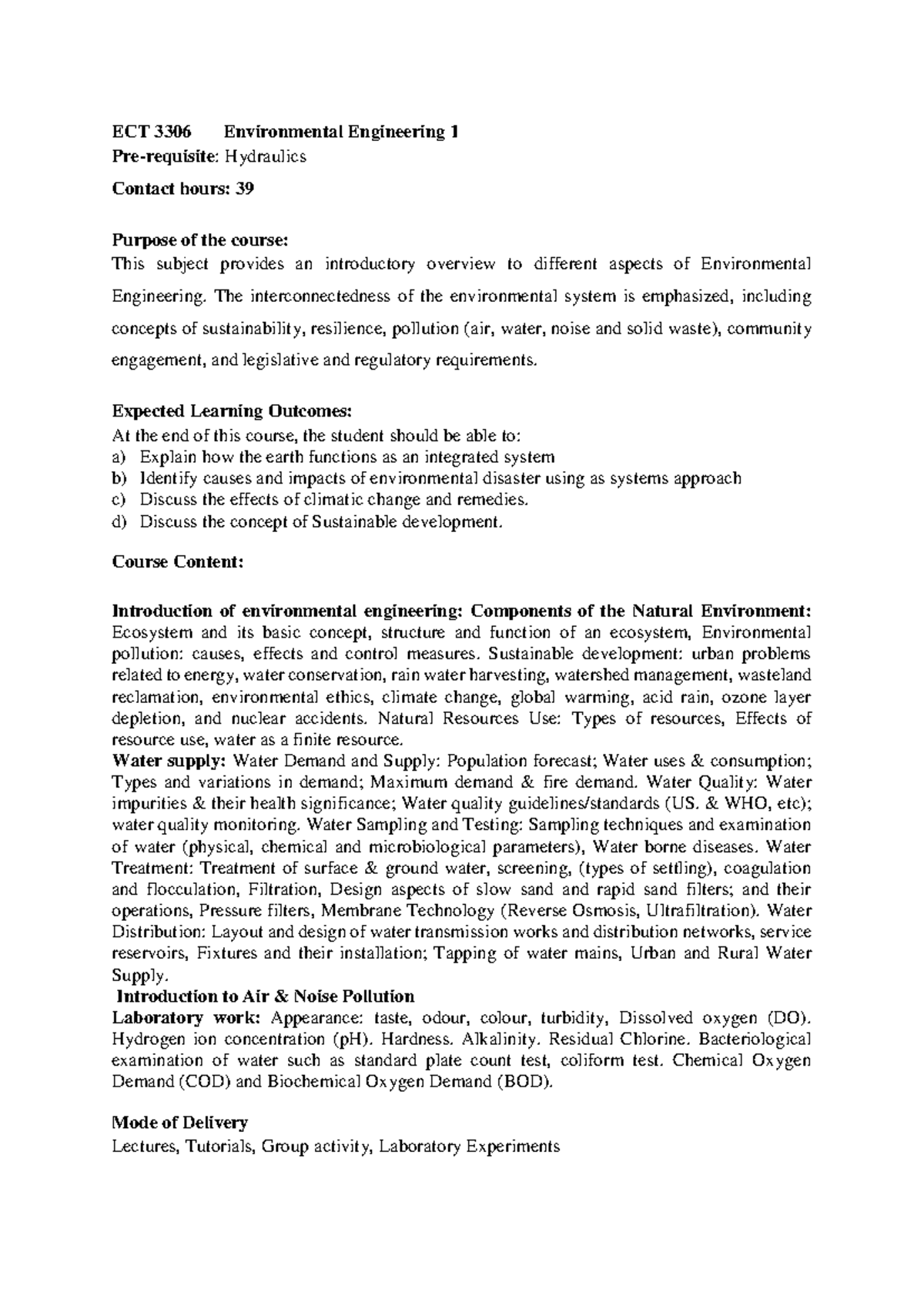 ECT 3306 Environmental Engineering 1: Hydraulics Course Outline - Studocu