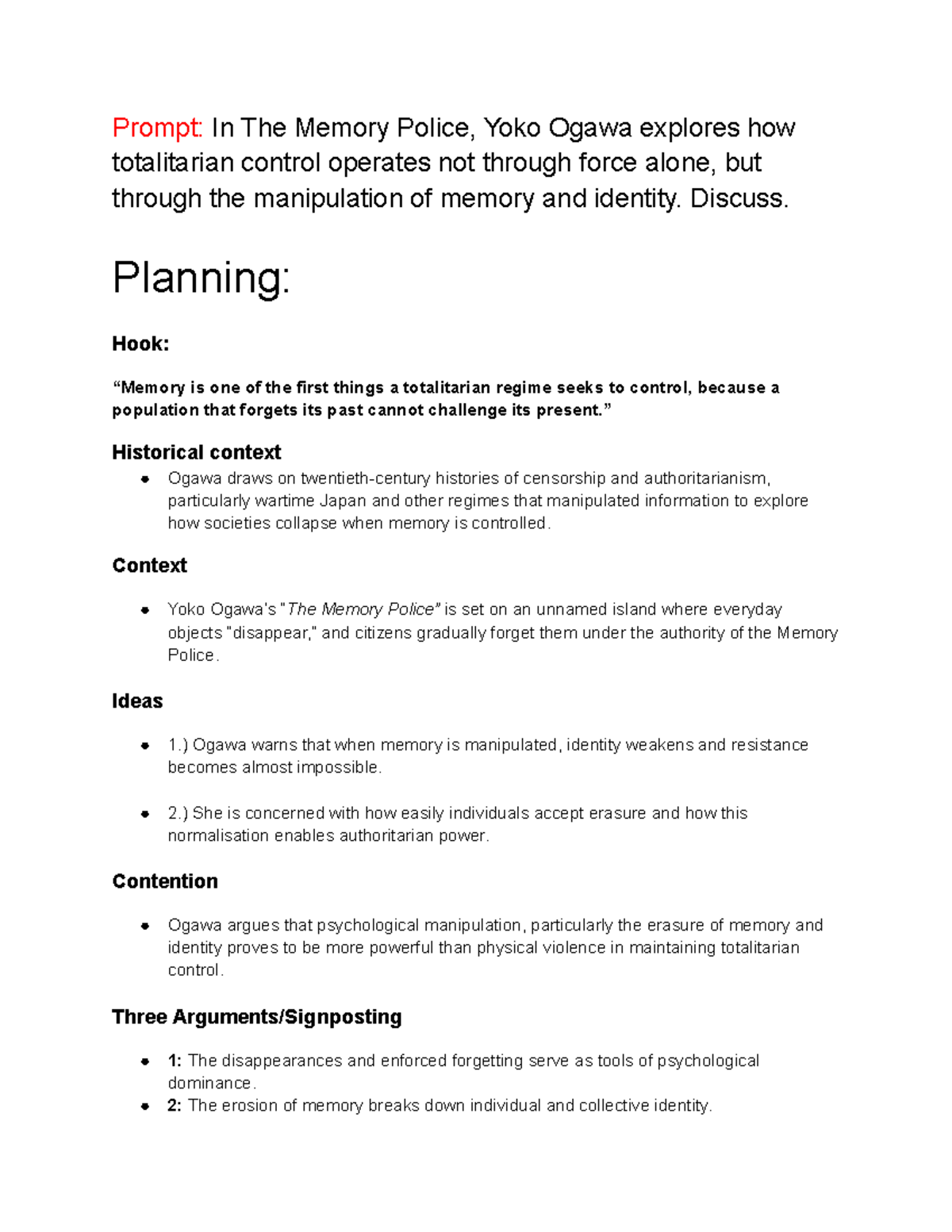 ENG 201 Essay Notes: Memory and Totalitarian Control in Ogawa's Work ...