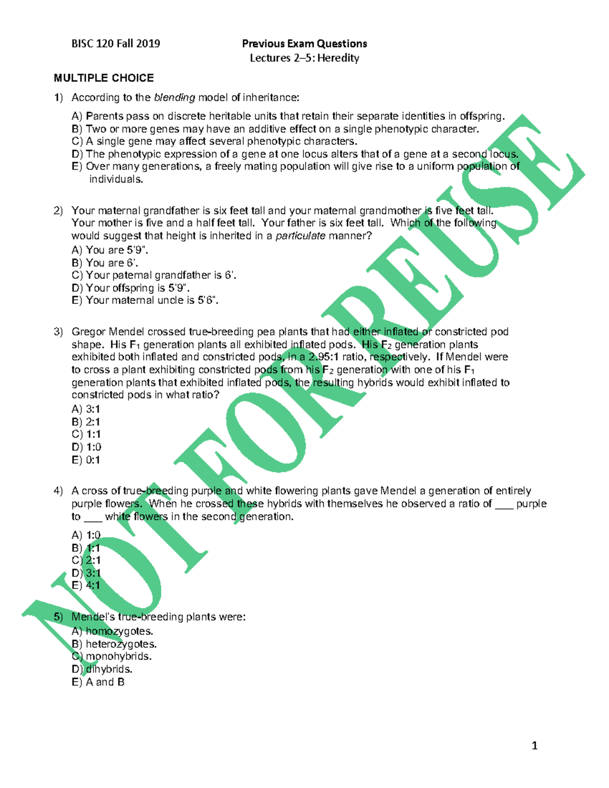 Previous Exam Questions: Heredity for Bio 101 Final Exam - Studocu