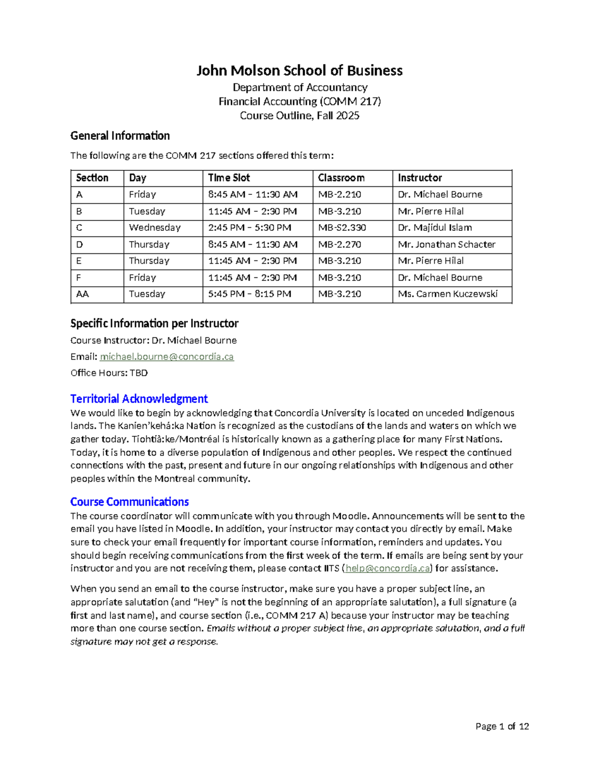 COMM 217 Financial Accounting Course Outline - Fall 2025 - Studocu