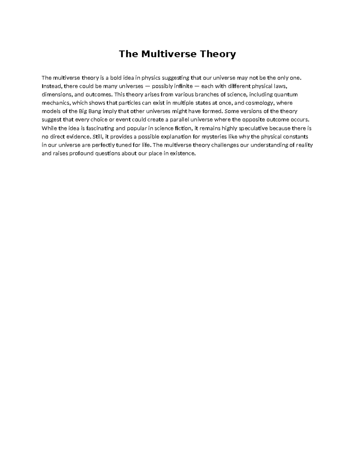 The Multiverse Theory: An Insightful Essay on Infinite Realities - Studocu