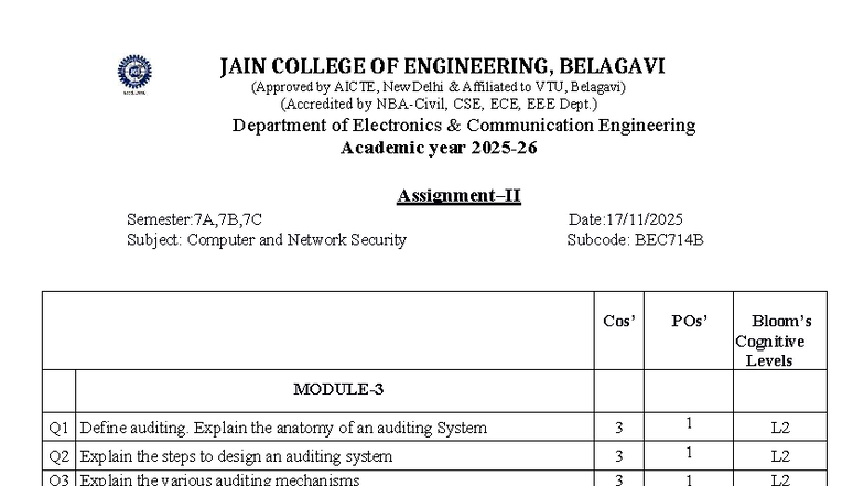 Computer and Network Security Notes - BEC714B - Jain College - Studocu
