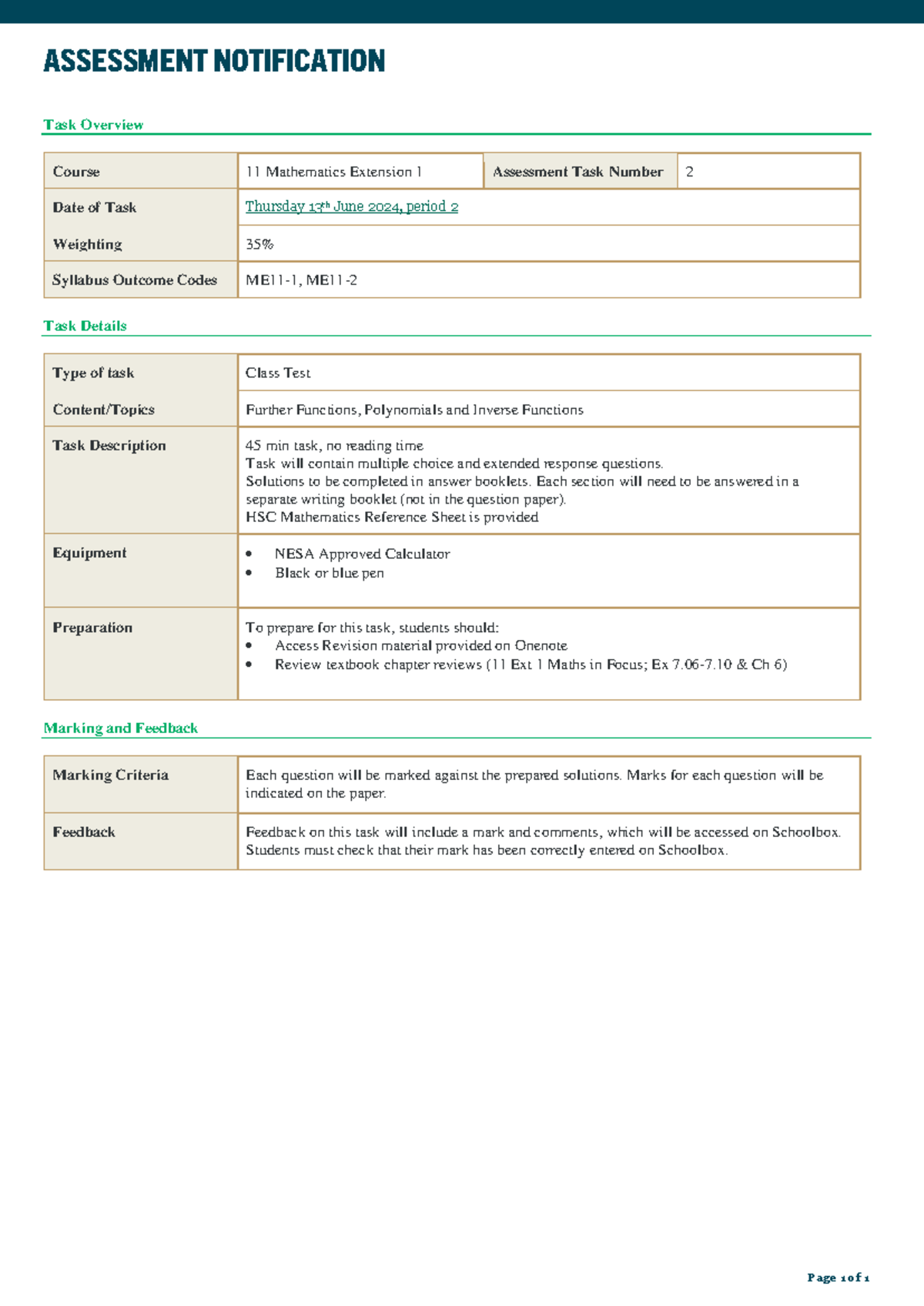 2024 Year 11 Mathematics Ext 1 - Assessment Task 2 Notification - Studocu