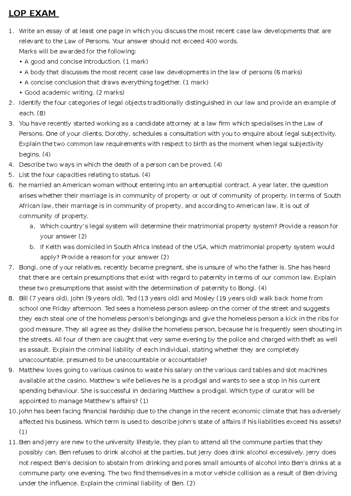 LOP 101: Final Exam Questions on Law of Persons - Studocu