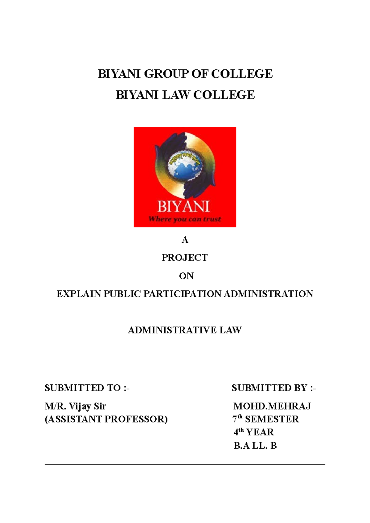 B.A. LL.B 7th Sem Project: Public Participation in Administration - Studocu