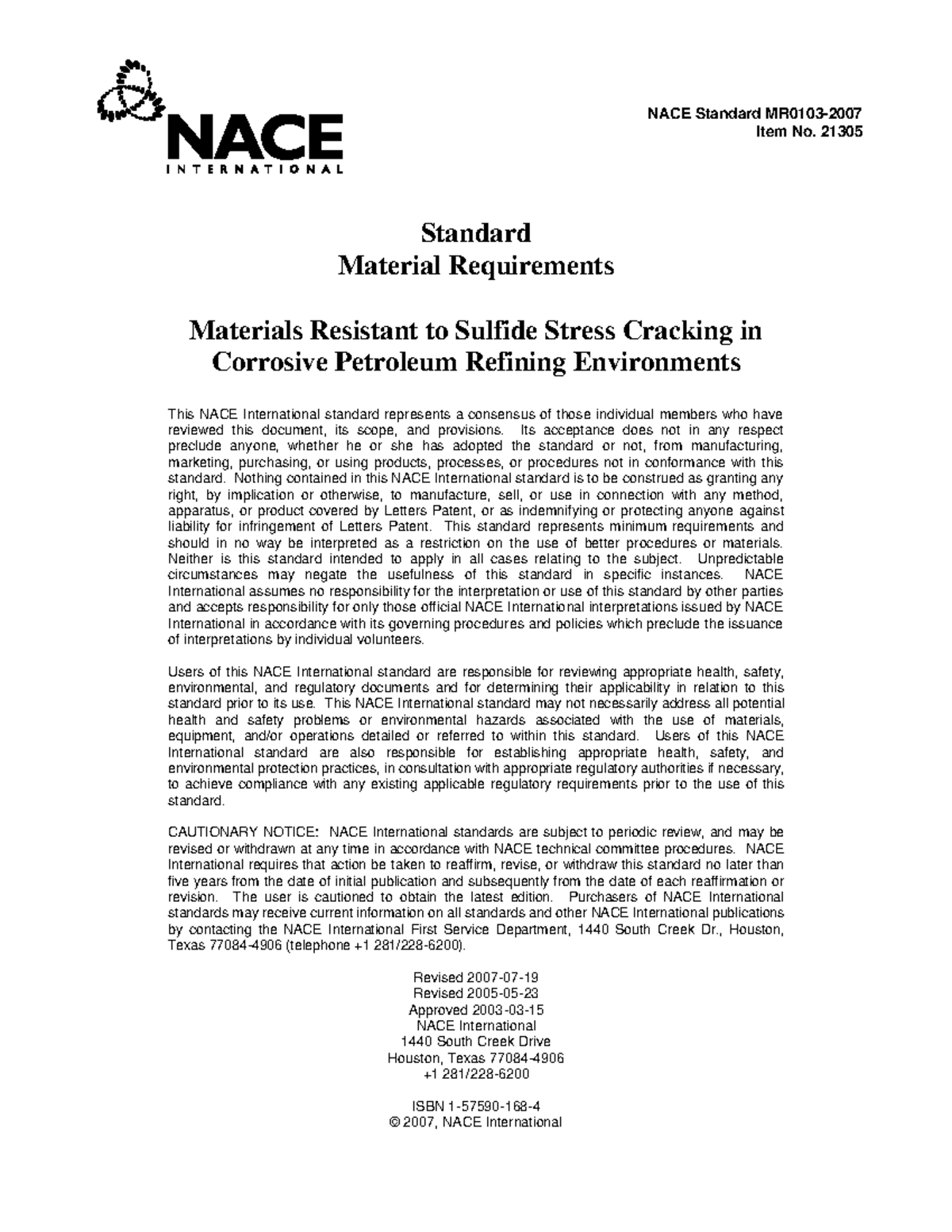 NACE MR0103-2007: Material Requirements for SSC in Refining - Studocu